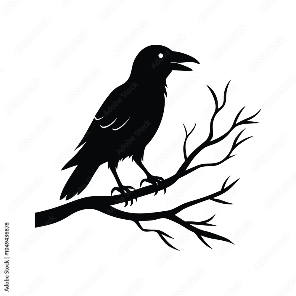 Fototapeta premium Halloween Raven on Branch vector silhouette with white background