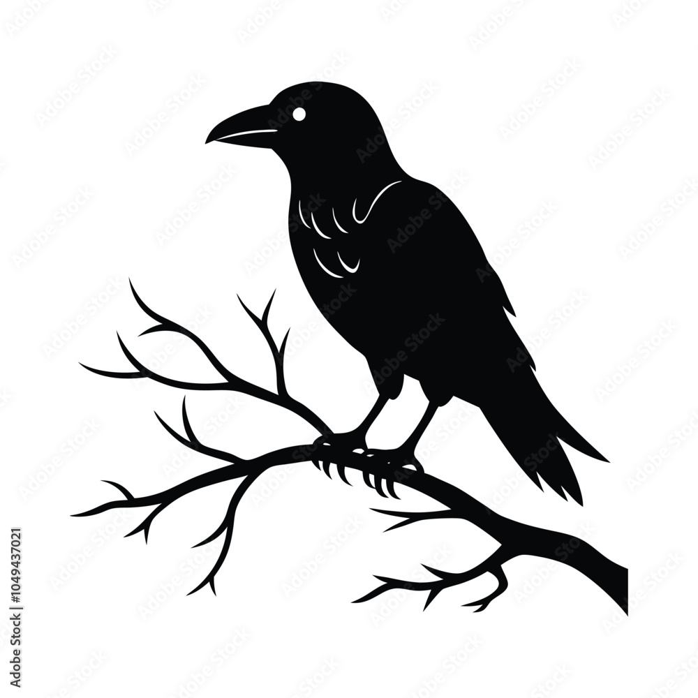 Halloween Raven on Branch vector silhouette with white background Halloween Raven on Branch vector silhouette with white background