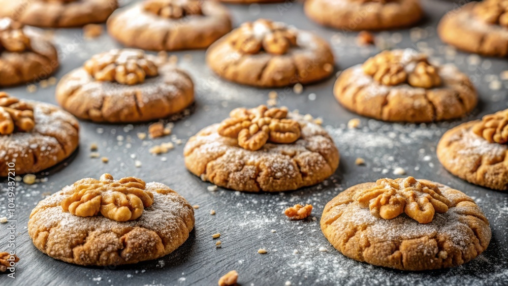 Sweet Walnut Cookies Decorated with Powdered Sugar and a Nut Design on a Dark Surface Sweet Walnut Cookies Decorated with Powdered Sugar and a Nut Design on a Dark Surface