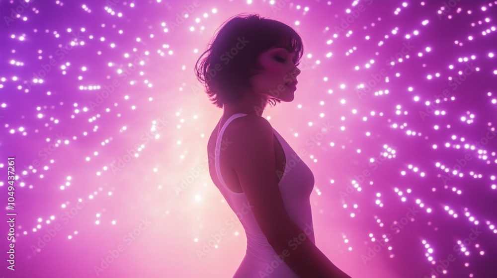A woman is standing in a purple background with a lot of stars A woman is standing in a purple background with a lot of stars