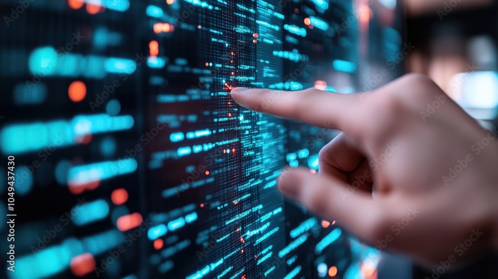 A hand points at a digital interface filled with data streams and vibrant colors, symbolizing interaction with technology and information. A hand points at a digital interface filled with data streams and vibrant colors, symbolizing interaction with technology and information.