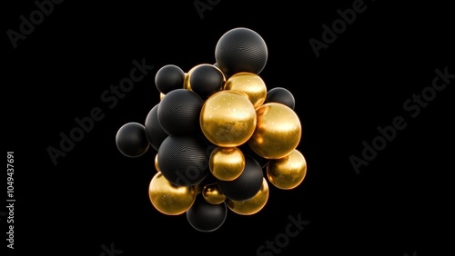 Imagine a vibrant cluster of gold and black spheres representing a complex molecular structure, ideal for scientific exploration, education, or inspiring artistic creativity photo