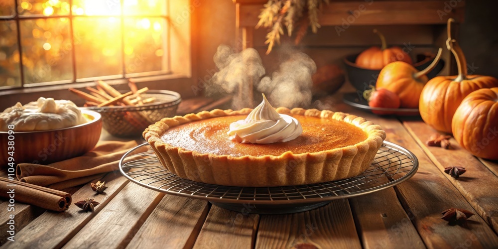 Obraz premium A freshly baked pumpkin pie with a fluffy meringue topping, steaming on a rustic wooden table with cinnamon sticks and star anise, surrounded by pumpkins in the background.