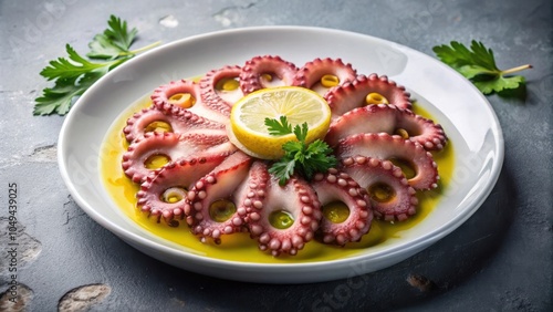 Wallpaper Mural A plate of perfectly cooked octopus tentacles arranged in a beautiful circle, drizzled with olive oil and garnished with lemon and parsley. Torontodigital.ca