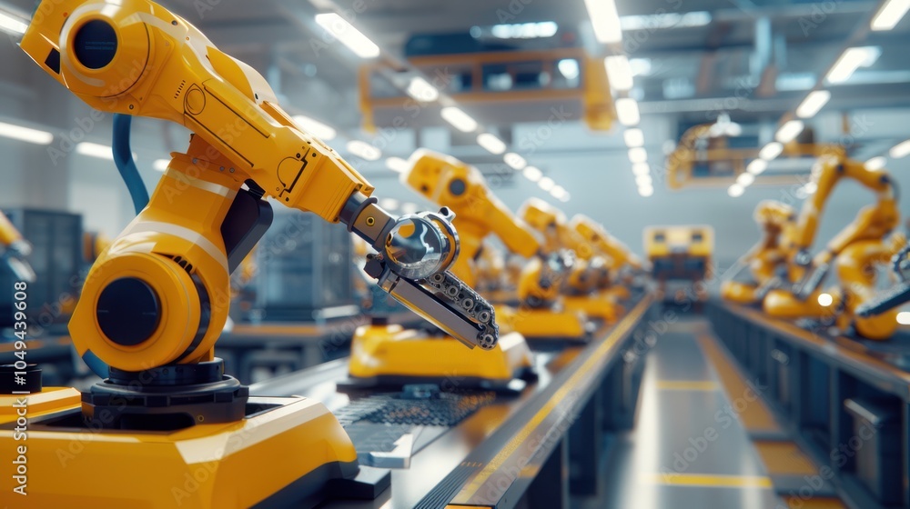 Row of Yellow Industrial Robotic Arms in Factory Setting Row of Yellow Industrial Robotic Arms in Factory Setting