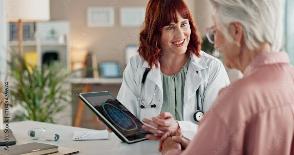 Doctor, tablet or smile with patient for senior care, healthcare or test results in hospital. Oncologist, elderly woman or tech screen in consultation for feedback, cancer free or happy for good news
