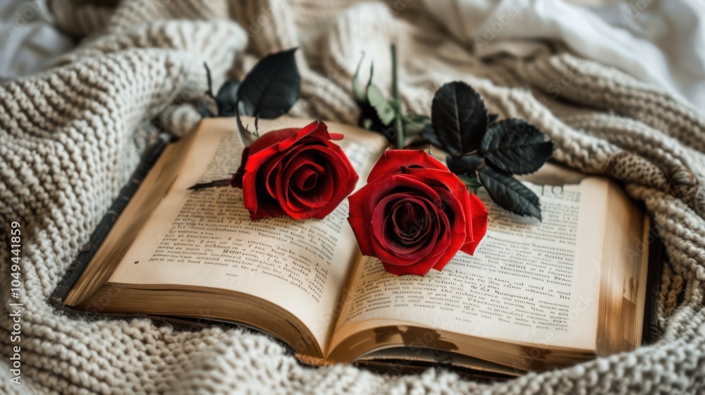 Fototapeta premium Two Red Roses Resting on an Open Book