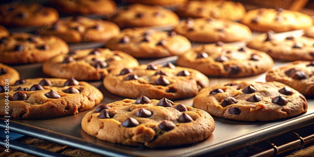 A close-up view of a baking sheet full of freshly baked chocolate chip cookies, the warm golden brown cookies are dotted with dark chocolate chips and appear soft and chewy. A close-up view of a baking sheet full of freshly baked chocolate chip cookies, the warm golden brown cookies are dotted with dark chocolate chips and appear soft and chewy.