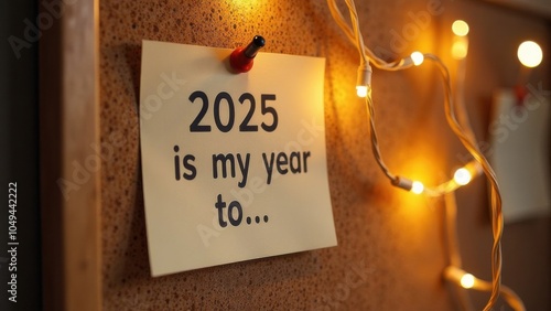 A notecard pinned on a corkboard with twinkling lights, stating that 2025 is my year to focus on personal goals and aspirations
