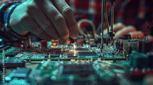 Close-up of a Hand Soldering a Circuit Board photo