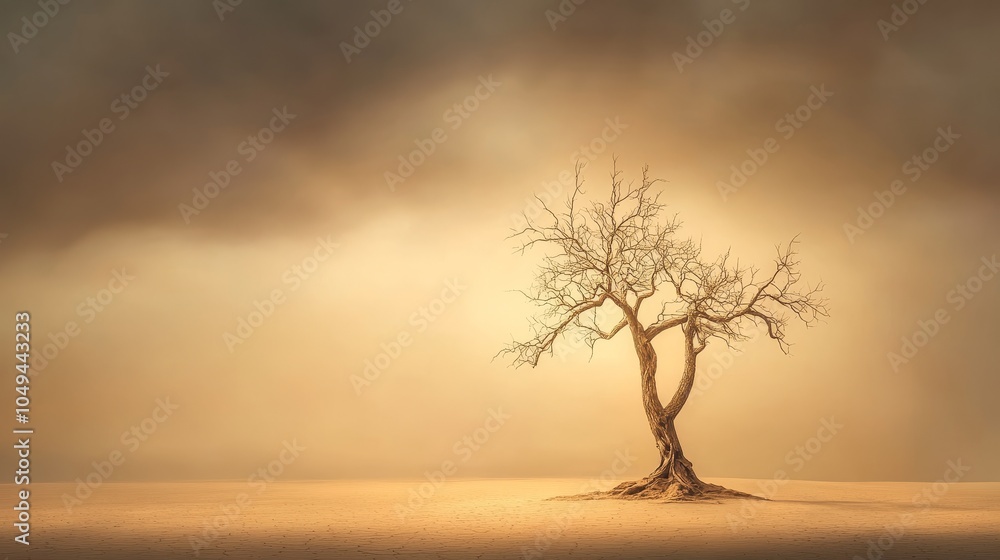 Desolate Elegance of a Withered Tree in Arid Landscape, Striking Shadows and Textures Captured in a Vivid 3D Representation Desolate Elegance of a Withered Tree in Arid Landscape, Striking Shadows and Textures Captured in a Vivid 3D Representation
