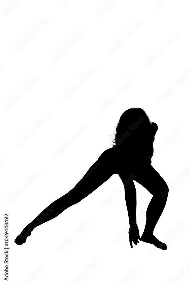 A woman stretches her legs against a white background A woman stretches her legs against a white background