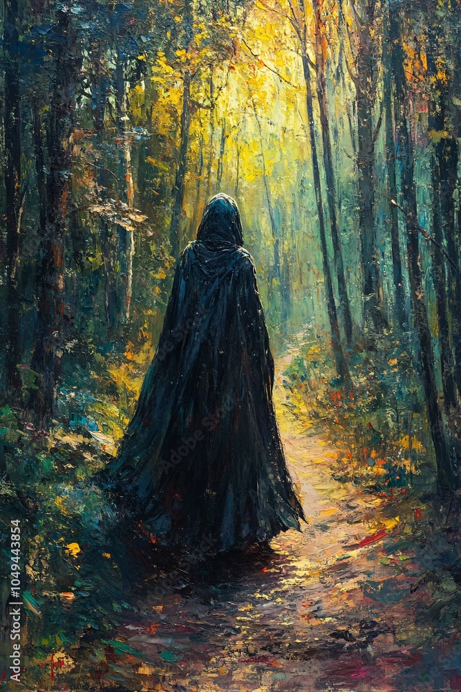 A mysterious figure cloaked in shadows wanders through a sunlit forest path evoking intrigue and wonder in nature's embrace A mysterious figure cloaked in shadows wanders through a sunlit forest path evoking intrigue and wonder in nature's embrace
