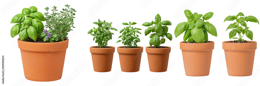 Variety of Fresh Basil Plants in Terracotta Pots Isolated on a Black Background Variety of Fresh Basil Plants in Terracotta Pots Isolated on a Black Background