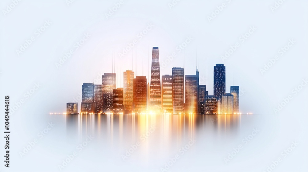 Obraz premium San Francisco skyline with illuminated buildings at sunset, silhouette style on a white background