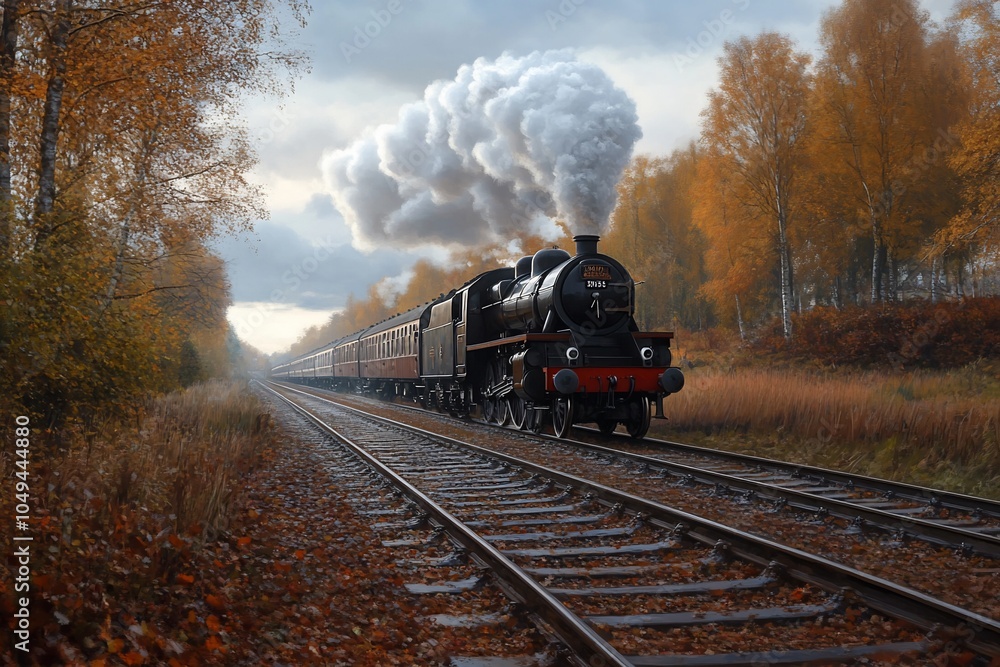 Obraz premium A steam locomotive chugs through a forest of golden autumn trees, billowing smoke into the air.