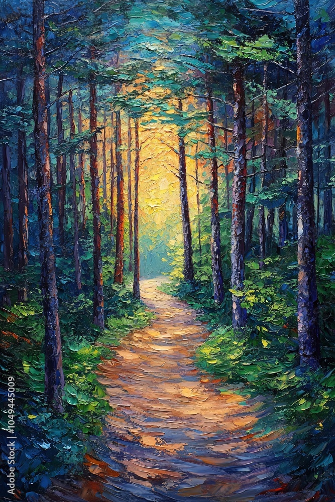 Obraz premium A serene journey through a luminous forest pathway embracing nature's tranquility and beauty