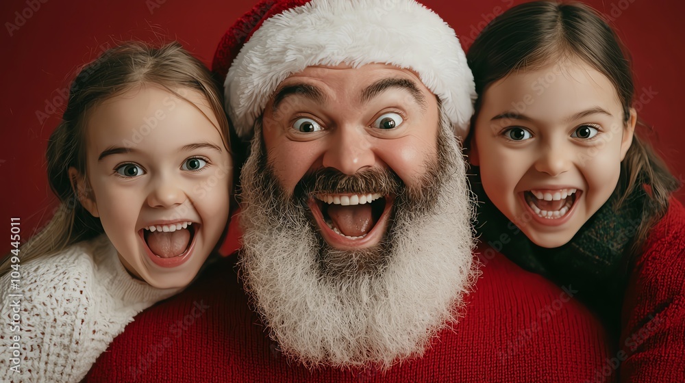 Santa photobombing a family Christmas picture, striking a playful pose with a big, cheeky grin Santa photobombing a family Christmas picture, striking a playful pose with a big, cheeky grin