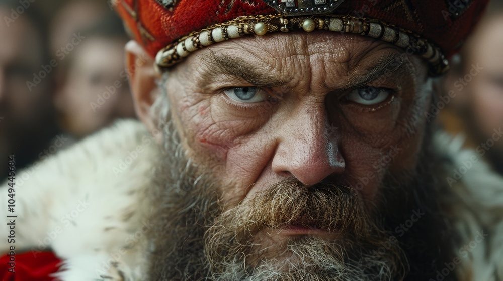 close-up portrait of medieval king with fierce expression, power and leadership in his regal attire close-up portrait of medieval king with fierce expression, power and leadership in his regal attire