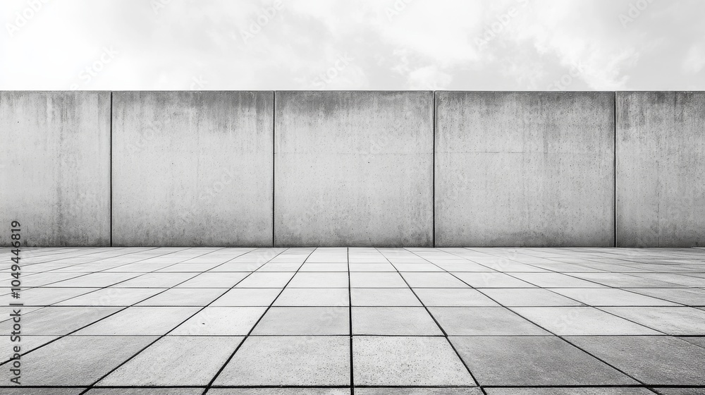 Empty concrete tiled floor with concrete wall and cloudy sky Empty concrete tiled floor with concrete wall and cloudy sky