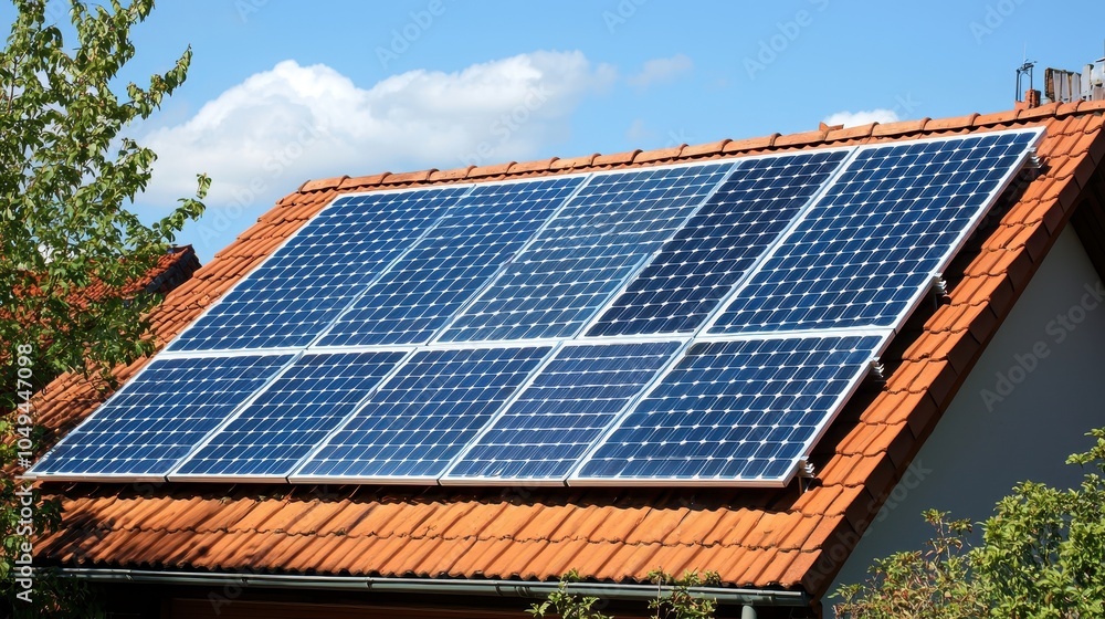 Fototapeta premium Solar Panels on Rooftop Under Bright Sunlight