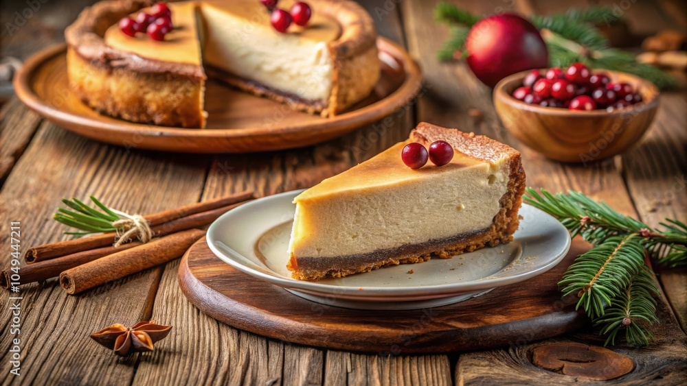custom made wallpaper toronto digitalA Slice of Creamy Cheesecake Decorated with Red Berries on a Rustic Wooden Table with Cinnamon Sticks and a Sprig of Evergreen