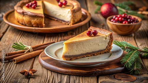 Wallpaper Mural A Slice of Creamy Cheesecake Decorated with Red Berries on a Rustic Wooden Table with Cinnamon Sticks and a Sprig of Evergreen Torontodigital.ca