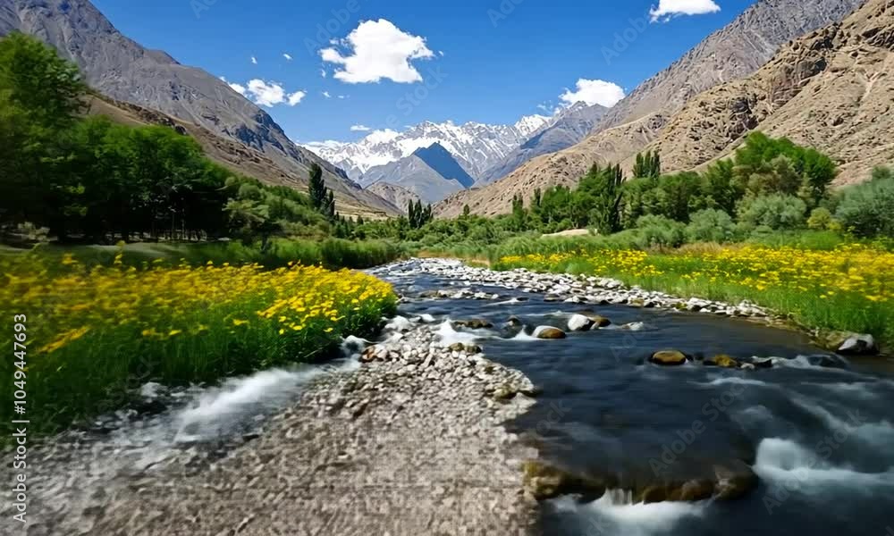 Mountain river with clear water and large rocks flowing through the valley. Mountain river with clear water and large rocks flowing through the valley.