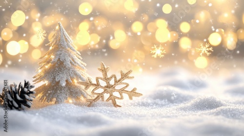 Abstract Christmas scene with soft snowflakes and golden bokeh lights, isolated on white