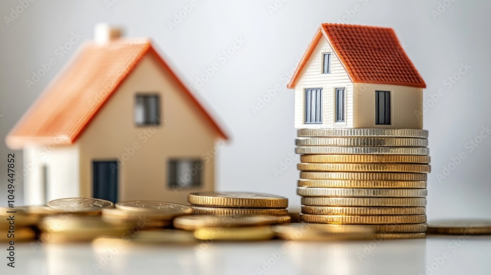 Hyperrealistic photo of a house model next to a stack of coins, symbolizing steady investment growth over time. The bright, clean aesthetic and refined composition evoke a luxury magazine look, Hyperrealistic photo of a house model next to a stack of coins, symbolizing steady investment growth over time. The bright, clean aesthetic and refined composition evoke a luxury magazine look,