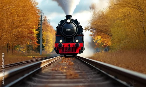 Steam locomotive on railway tracks with autumn leaves.