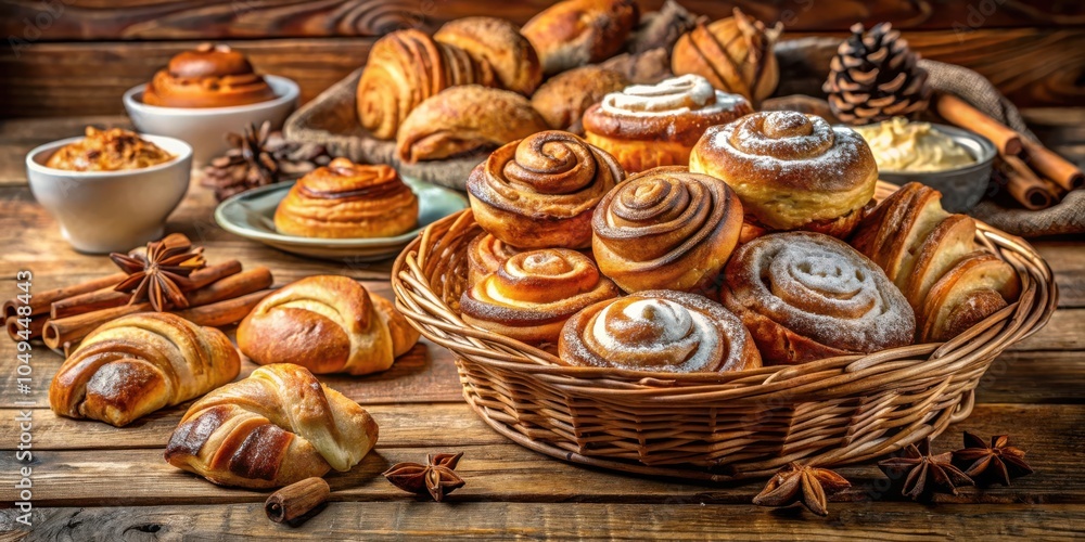 Fototapeta premium A rustic wooden table laden with freshly baked sweet rolls, cinnamon sticks, and star anise, creating a warm and inviting atmosphere.