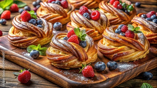 Golden Pastry Baskets Filled with Fresh Berries and Powdered Sugar on a Rustic Wooden Board