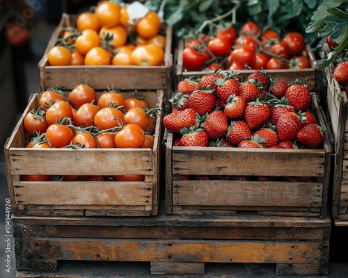 Freshly picked strawberries beautifully displayed in wooden crates at an outdoor market stall, with bright tomatoes, capturing the vibrancy of seasonal fruits photo