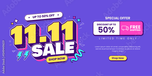 11 11 super sale promo banner with discount offer. 11 11 shopping festival super sale banner. Flash sale special offer banner for social media post or website banner. Flash sale campaign