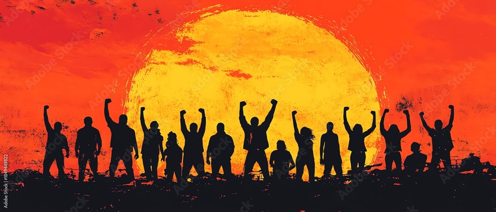 Silhouettes of a triumphant group with raised fists set against a breathtaking orange sunset, capturing the essence of unity and empowerment Silhouettes of a triumphant group with raised fists set against a breathtaking orange sunset, capturing the essence of unity and empowerment
