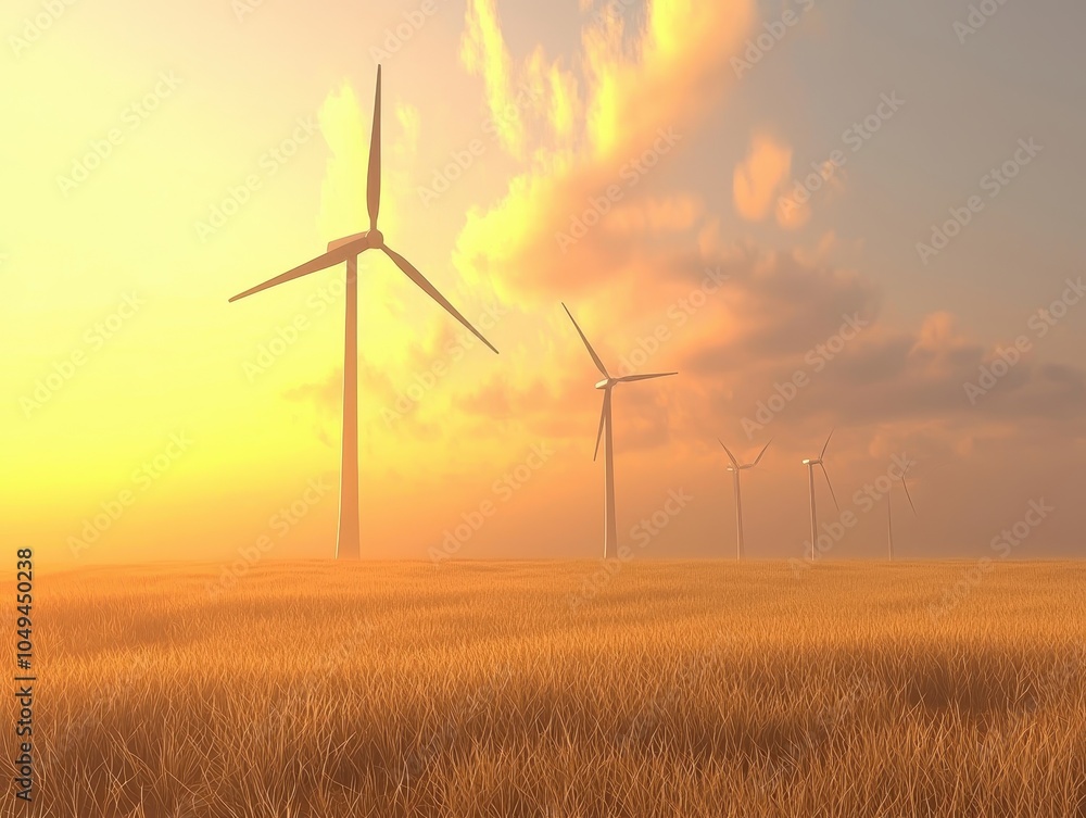 Fototapeta premium Wind Turbines Spinning in Golden Field at Sunset