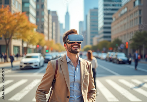 a man in virtual reality glasses walks down a city street smiling