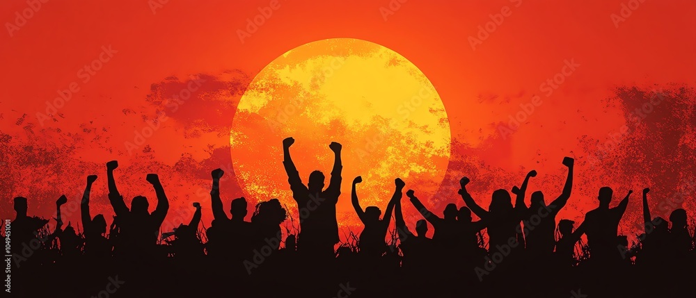 A stunning orange sunset illuminates a group of silhouetted people with raised fists, symbolizing unity and empowerment in a dramatic atmosphere A stunning orange sunset illuminates a group of silhouetted people with raised fists, symbolizing unity and empowerment in a dramatic atmosphere