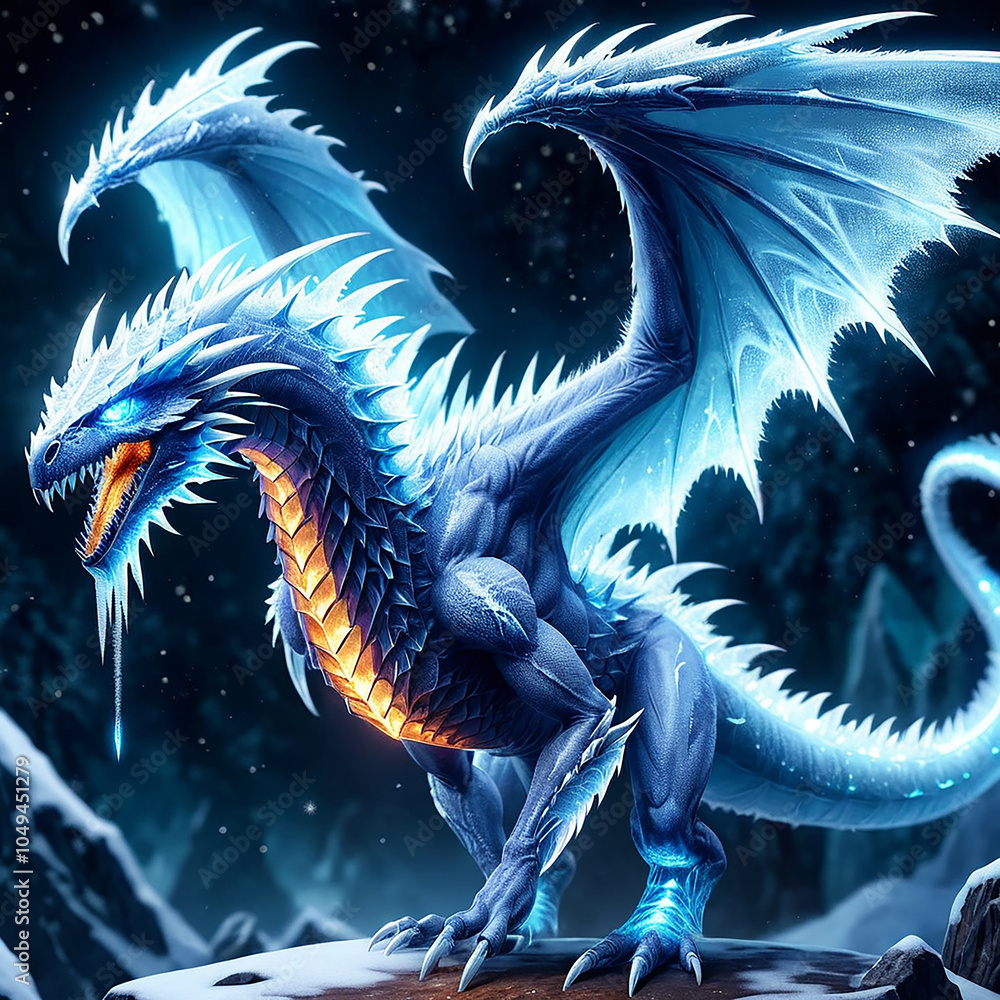 A majestic blue dragon with icy scales and glowing eyes stands on a ...