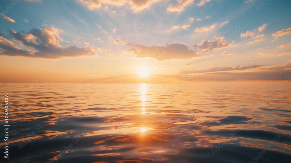 Obraz premium A Serene Sunset Over the Ocean, with Vibrant Colors Reflecting on the Water as Soft Clouds and Sun Rays Break Through, Creating a Peaceful, Tranquil Atmosphere.