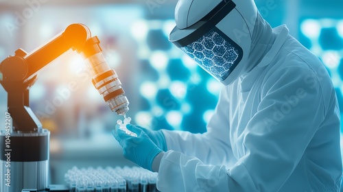 A biotechnologist adjusting a robotic arm as it handles samples of experimental drug formulations, with digital overlays displaying realtime molecular interaction data photo