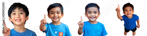 Set of an Asian boy smiling and pointing his finger up, isolated on a transparent background.