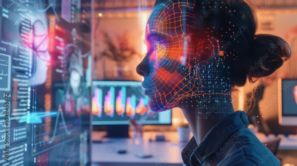 An AI entity as a digital face inspires a graphic designer in a modern ...