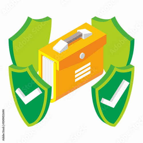 Isometric view of folder with documents surrounded by four shield on all four sides for security protection icon