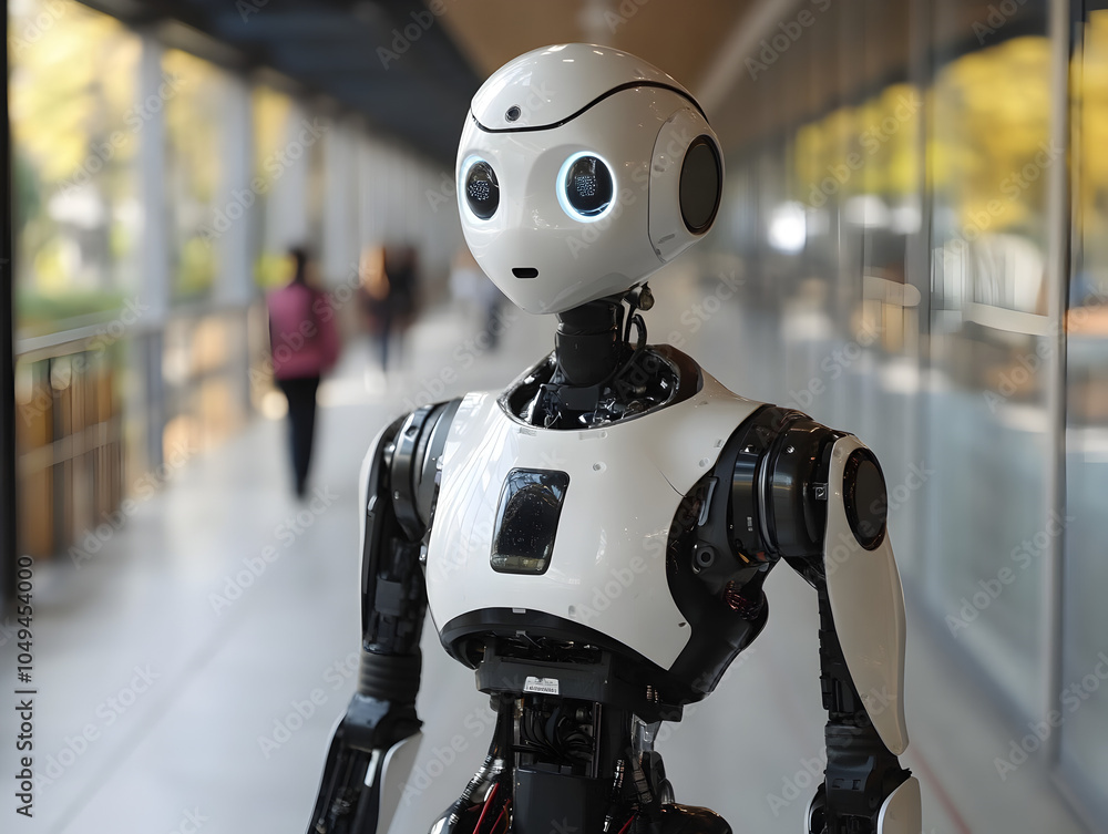 Futuristic Humanoid Robot Showcasing Advanced Technology and AI Innovation in Urban Environment Futuristic Humanoid Robot Showcasing Advanced Technology and AI Innovation in Urban Environment