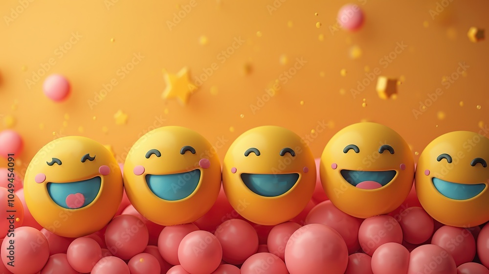 Five yellow 3D emojis with smiling faces and blushing cheeks on a pink background with yellow stars. Five yellow 3D emojis with smiling faces and blushing cheeks on a pink background with yellow stars.