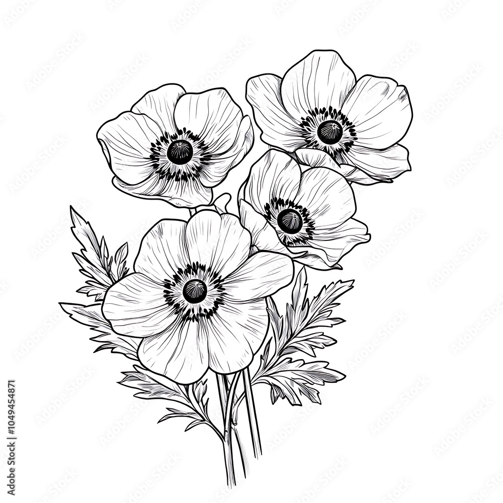 Detailed Black and White Line Drawing of Flowers Detailed Black and White Line Drawing of Flowers