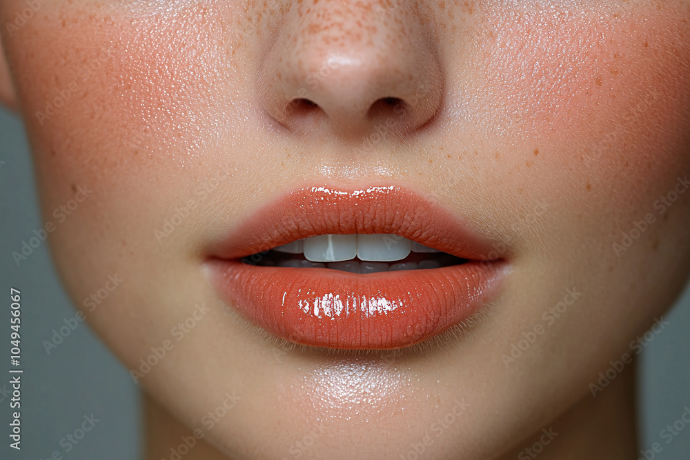 Obraz premium Close-up of a woman’s lips with natural peachy gloss, her freckled, glowing skin accentuating the smoothness and perfect symmetry of her mouth