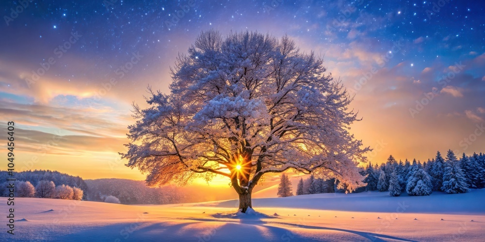 A solitary snow-covered tree stands in the foreground, its branches reaching towards a brilliant sunrise with a backdrop of a snowy forest and a starry sky. A solitary snow-covered tree stands in the foreground, its branches reaching towards a brilliant sunrise with a backdrop of a snowy forest and a starry sky.